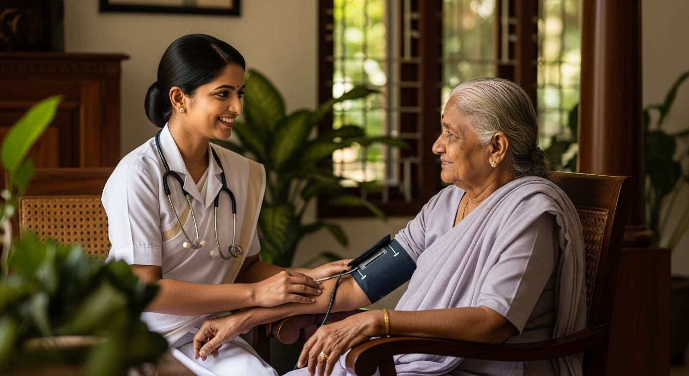 Kerala nurse providing compassionate home healthcare to elderly patient