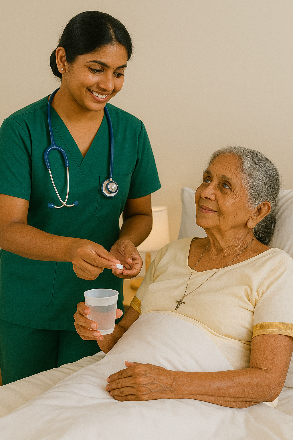 Primacy healthcare professional providing compassionate mobility assistance to elderly patient in beautiful Kerala setting with palm trees